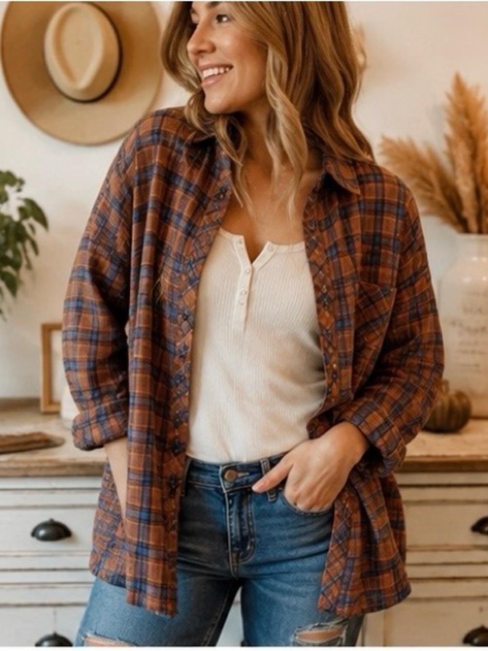 Peach Love California NWT Oversized Plaid Flannel Shirt Brown Blue Small